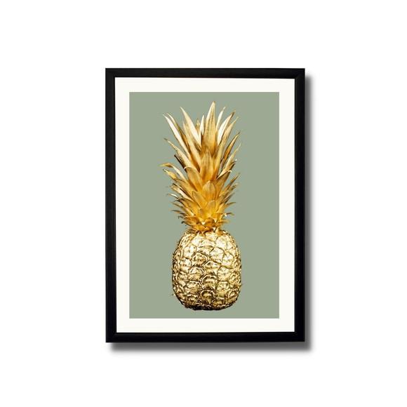 Quadro de Frutas para Cozinha Abacaxi Dourado 33x43 cm