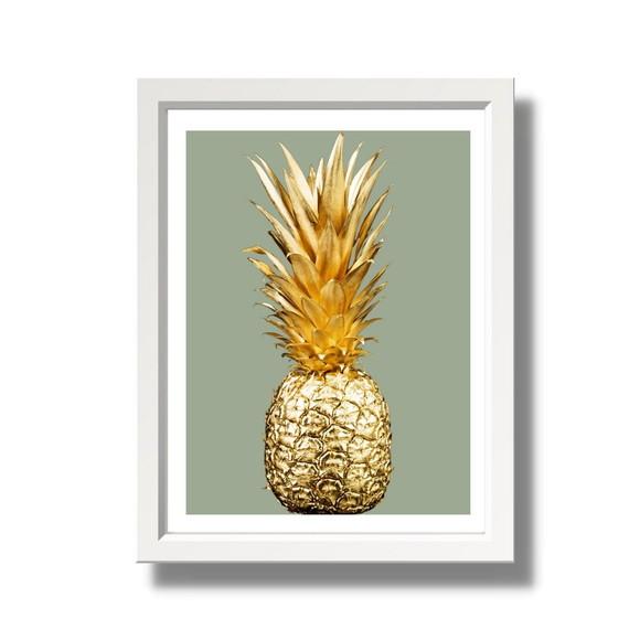 Quadro de Frutas para Cozinha Abacaxi Dourado 33x43 cm