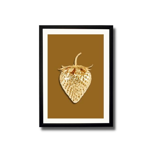 Quadro de Frutas para Cozinha Morango Dourado 33x43 c/ Vidro