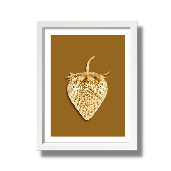 Quadro de Frutas para Cozinha Morango Dourado 33x43 c/ Vidro