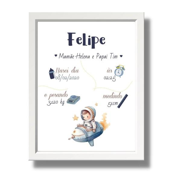 Quadro de Nascimento Azul Bebe Menino Moldura c Vidro 33x43