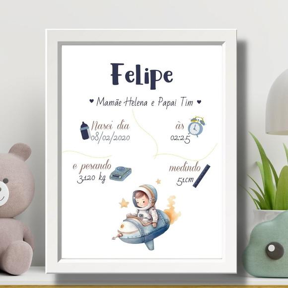Quadro de Nascimento Azul Bebe Menino Moldura c Vidro 33x43