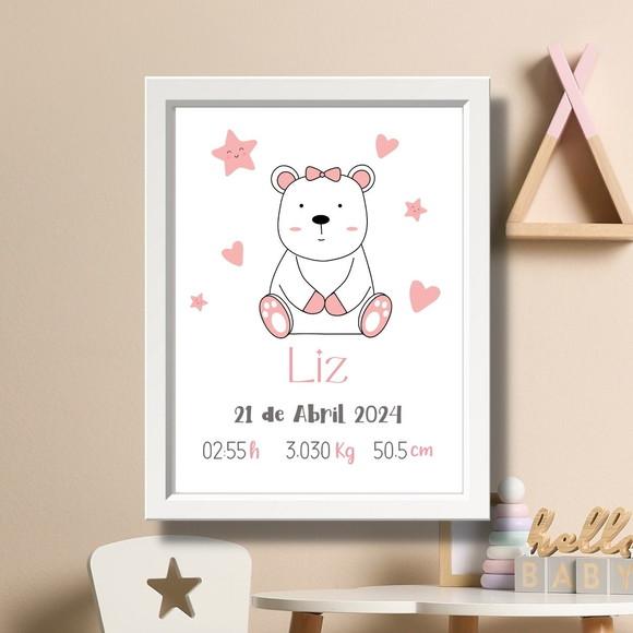 Quadro de Nascimento Maternidade Menina Urso Cor Rosa 33x43