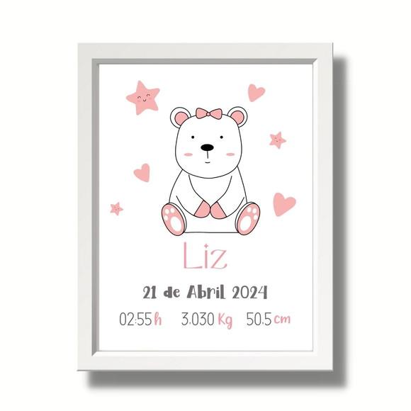 Quadro de Nascimento Maternidade Menina Urso Cor Rosa 33x43