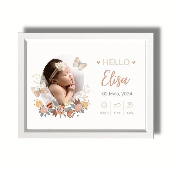 Quadro de Nascimento Informações do Bebe Rosa c Vidro 33x43
