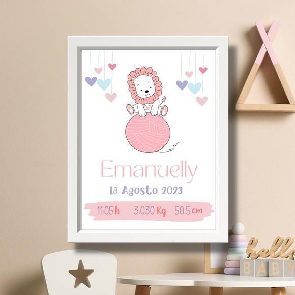 Quadro de Nascimento Quarto de Bebe Menina Leao Rosa 33x43