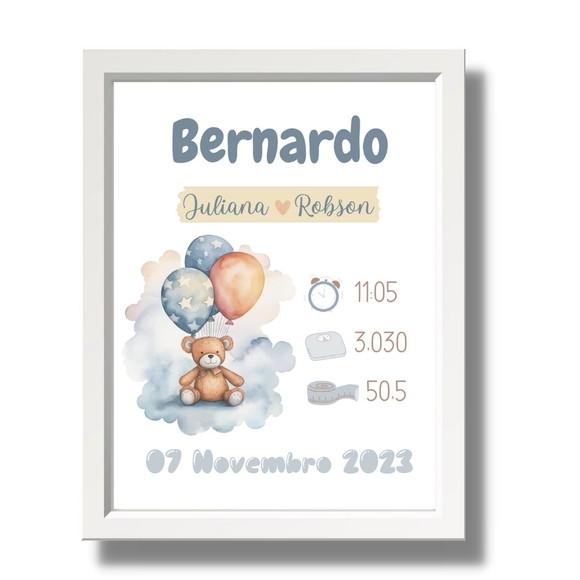 Quadro de Nascimento Quarto de Bebe Azul Menino 33x43 cm