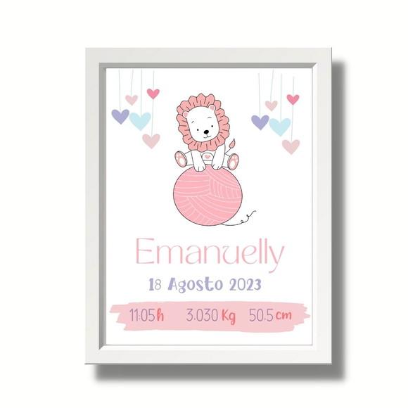 Quadro de Nascimento Quarto de Bebe Menina Leao Rosa 33x43