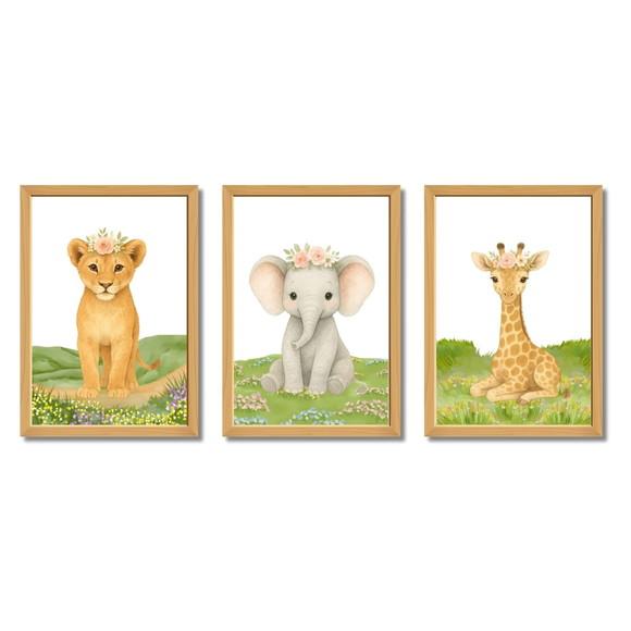 Quadro Decorativo Animais Quarto de Bebê Feminino com Vidro