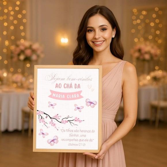 Quadro Decorativo Chá de Bebê Rosa Bem-vindas Personalizado