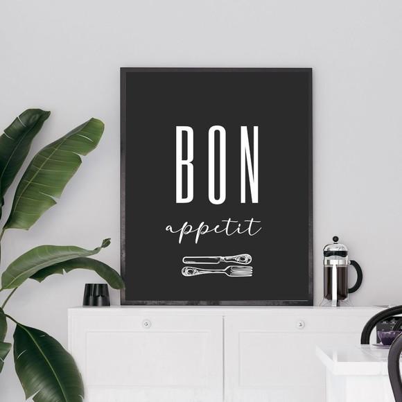 Quadro Decorativo Cozinha Bon Apetite Moldura c/ Vidro 33x43