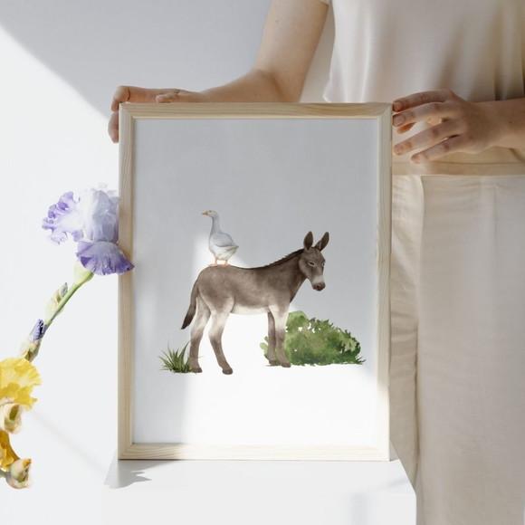 Quadro Decorativo Fazendinha Infantil Aquarela Burrinho A4