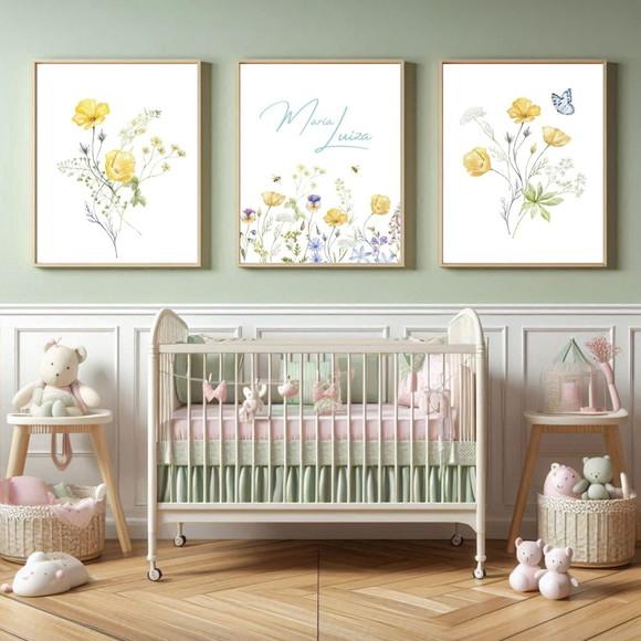Quadro Decorativo Floral para Quarto de Menina com Vidro