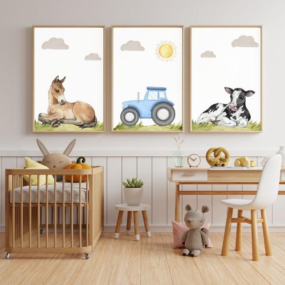 Quadro Decorativo Infantil Animais da Fazenda Trator Azul