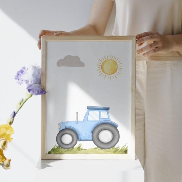 Quadro Decorativo Infantil Animais da Fazenda Trator Azul