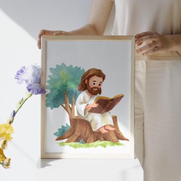 Quadro Decorativo Infantil Bíblico Jesus Aquarela para Bebê