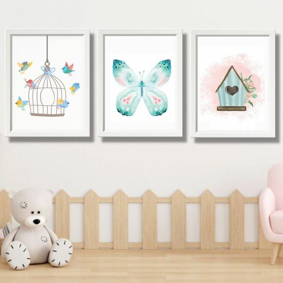 Quadro Decorativo Infantil Borboleta Passaros 33x43 cm