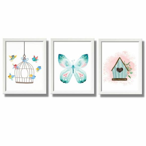 Quadro Decorativo Infantil Borboleta Passaros 33x43 cm