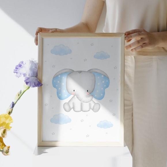 Quadro Decorativo Infantil Elefante Azul Bebê Personalizado