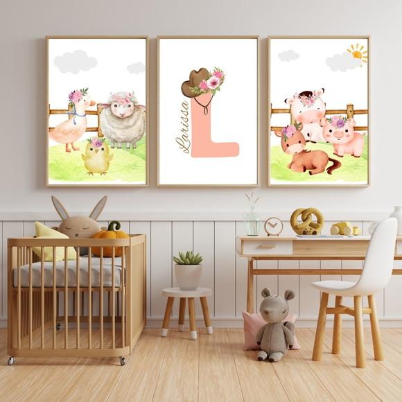 Quadro Decorativo Infantil Feminino Fazendinha Nome 33x43 cm