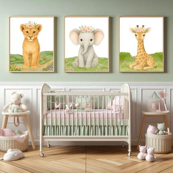 Quadro Decorativo Infantil Moldura e Vidro Feminino Safari