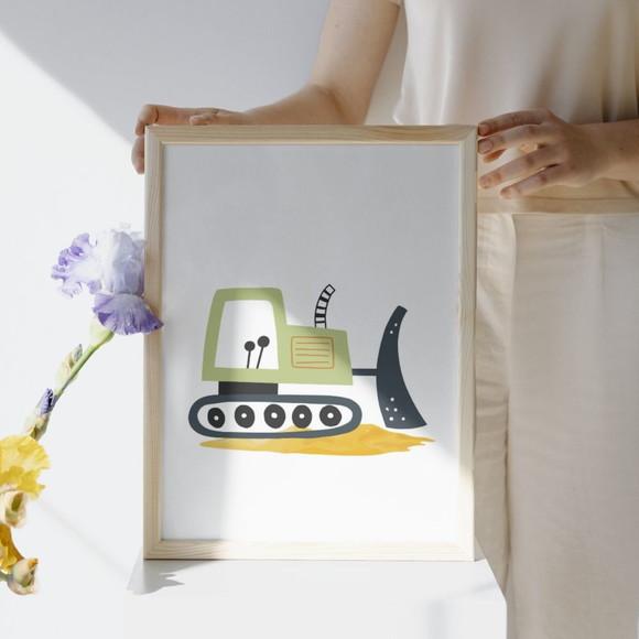Quadro Decorativo Infantil Trator Retroescavadeira com Nome