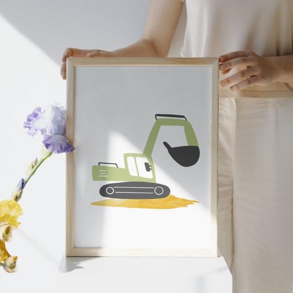 Quadro Decorativo Infantil Trator Retroescavadeira com Nome