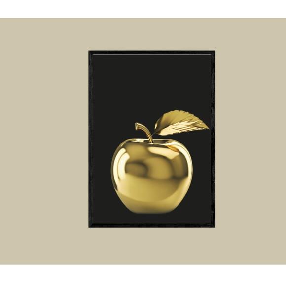 Quadro Decorativo Maça Dourada para Cozinha Grande com Vidro