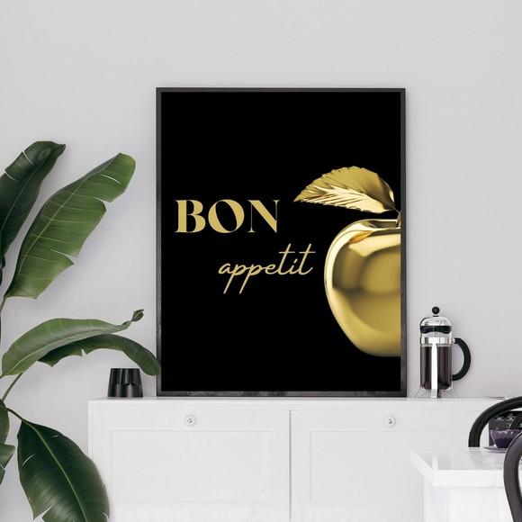 Quadro Decorativo Maçã Dourada Frase Bon Apetit 33x43cm