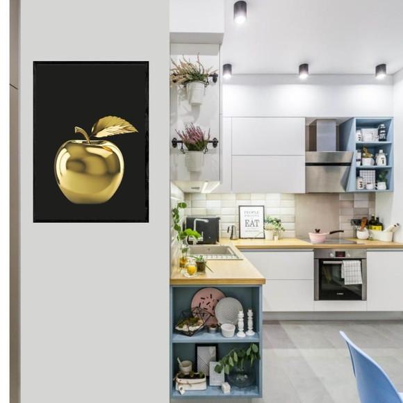 Quadro Decorativo Maça Dourada para Cozinha Grande com Vidro
