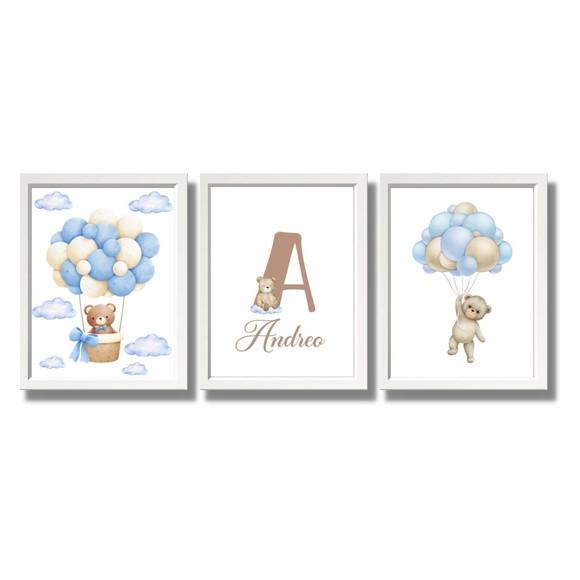 Quadro Decorativo para Quarto de Bebe Urso Azul C/nome 33x43