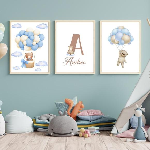Quadro Decorativo para Quarto de Bebe Urso Azul C/nome 33x43