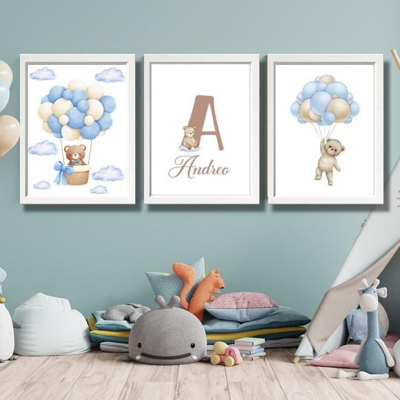 Quadro Decorativo para Quarto de Bebe Urso Azul C/nome 33x43