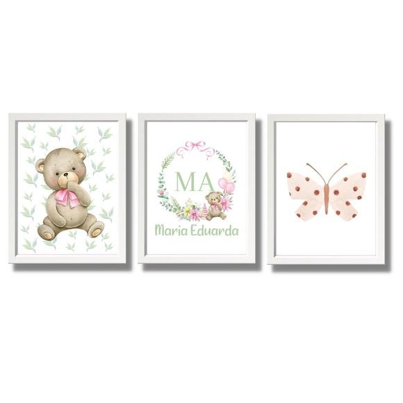 Quadro Decorativo Quarto de Menina Ursa Personalizado 33x43