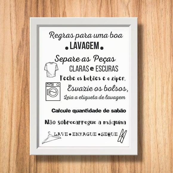Quadro Decorativo Regras da Lavanderia Moldura e Vidro 30x40
