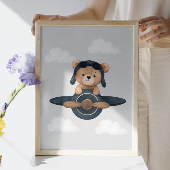 Quadro Decorativo Urso Aviador Bebê Moldura com Vidro 33x43