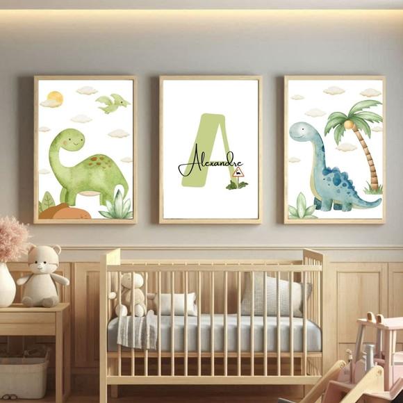 Quadro Dino Personalizado Aquarela Nome da Criança com Vidro