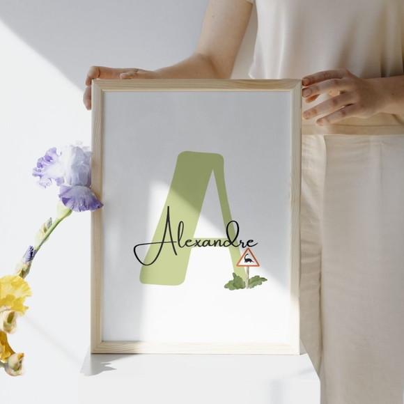 Quadro Dino Personalizado Aquarela Nome da Criança com Vidro