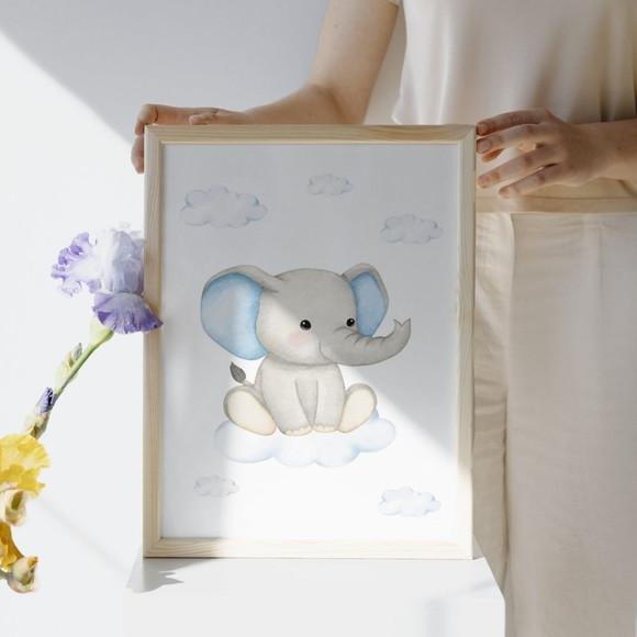 Quadro Elefantinho para Quarto de Bebê Azul Menino 33x43 cm