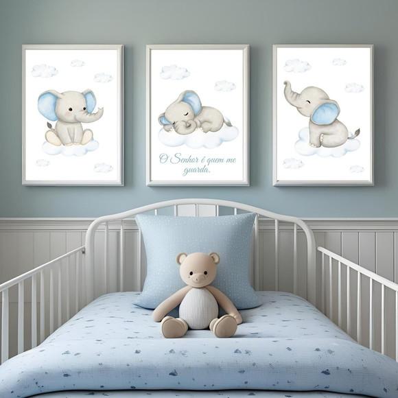 Quadro Elefantinho para Quarto de Bebê Azul Menino 33x43 cm