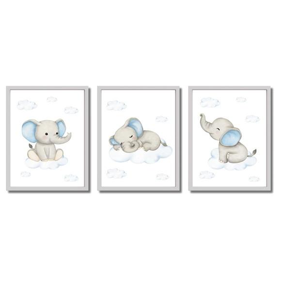 Quadro Elefantinho para Quarto de Bebê Azul com Vidro