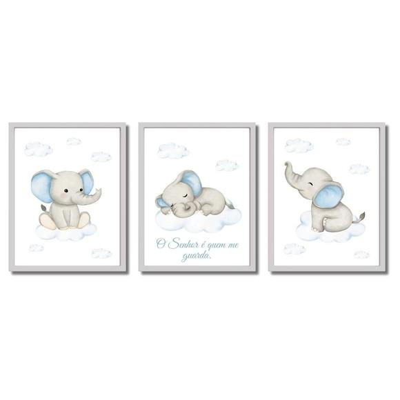 Quadro Elefantinho para Quarto de Bebê Azul Menino 33x43 cm
