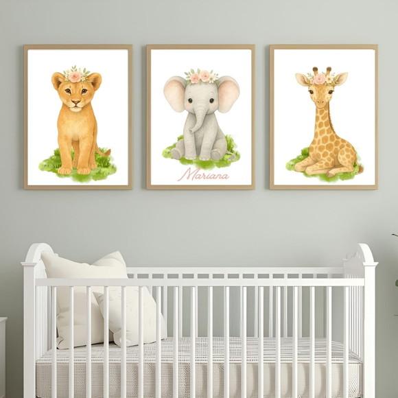 Quadro Feminino Animais Quarto de Bebê Moldura com Vidro