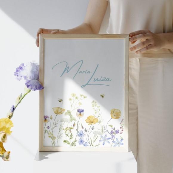 Quadro Feminino Infantil Floral com Nome - Quarto de Menina