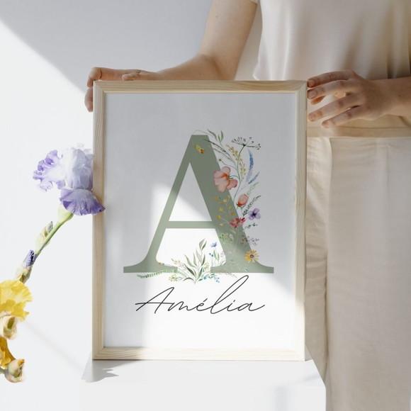 Quadro Floral Infantil com Nome da Criança Quarto de Menina