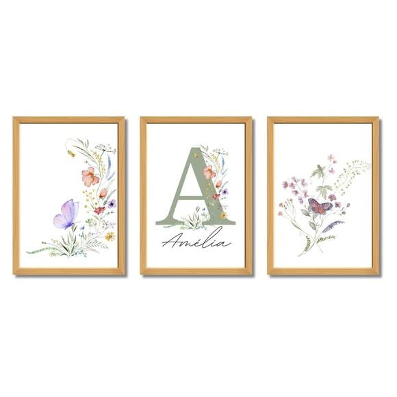 Quadro Floral Infantil com Nome da Criança Quarto de Menina