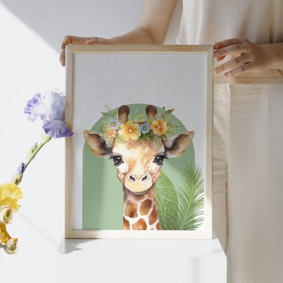 Quadro Girafa Quarto de Menina com Flor Aquarela 33x43 cm