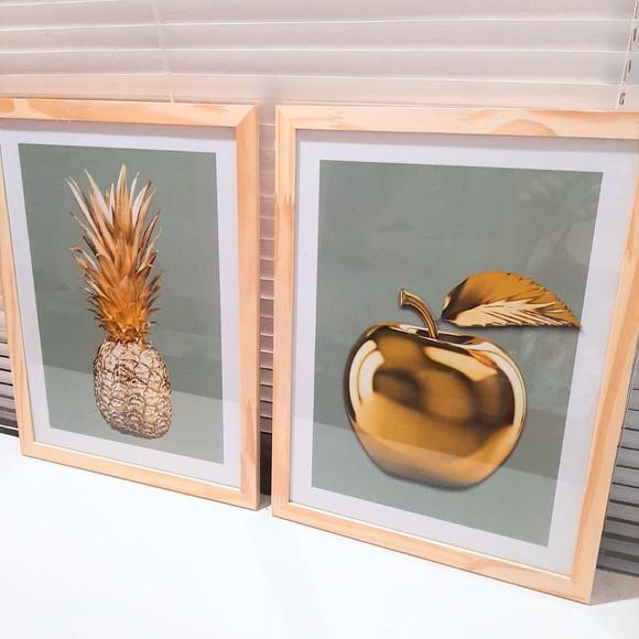 Quadro Grande para Cozinha Abacaxi Dourado 33x43 com Vidro