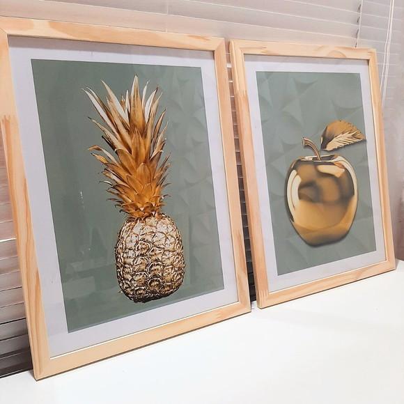 Quadro Grande para Cozinha Abacaxi Dourado 33x43 com Vidro