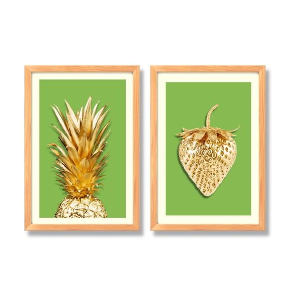 Quadro Grande para Cozinha Abacaxi e Morango Verde 33x43cm